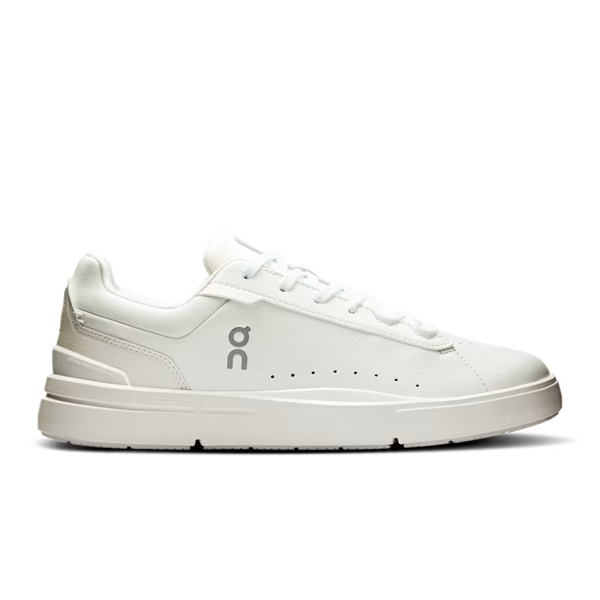 White On casual sneaker with black swoosh logo on a black background