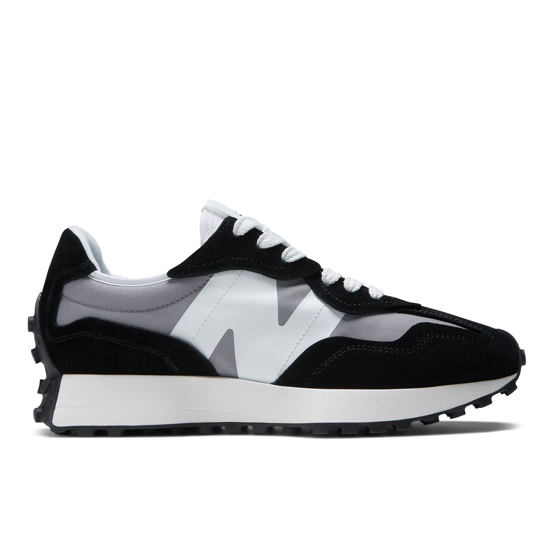 Lateral view of the Men's New Balance 327 lifestyle shoe in Black/Grey