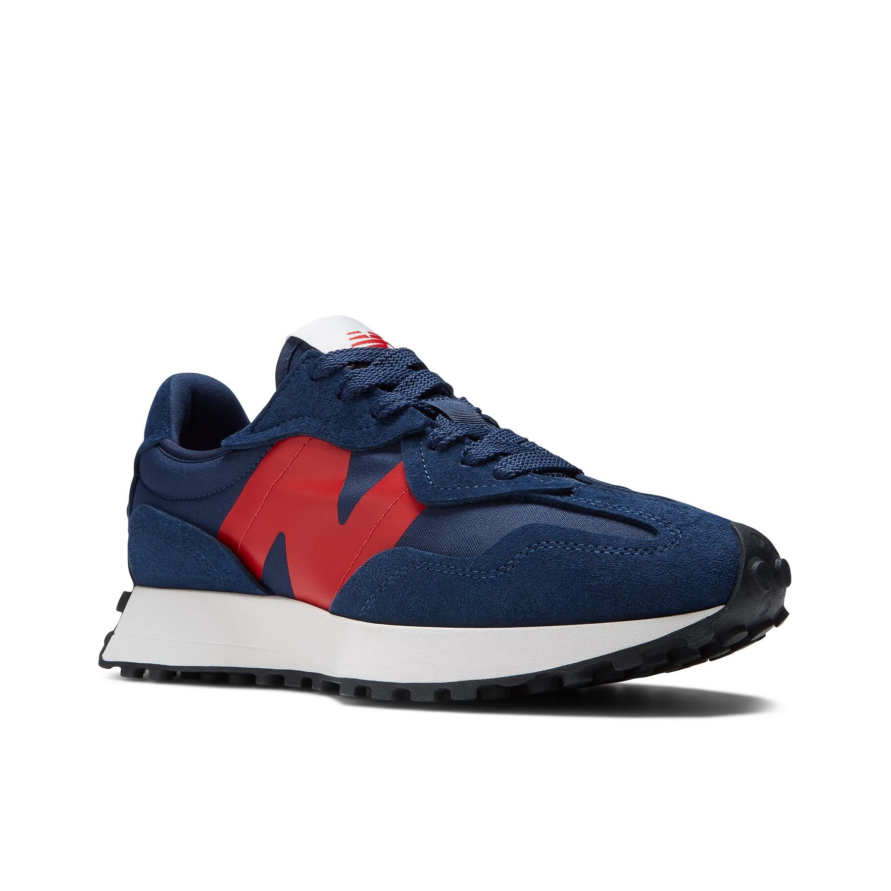 Front angle view of the Men's New Balance lifestyle 327 shoe in the color NB Navy