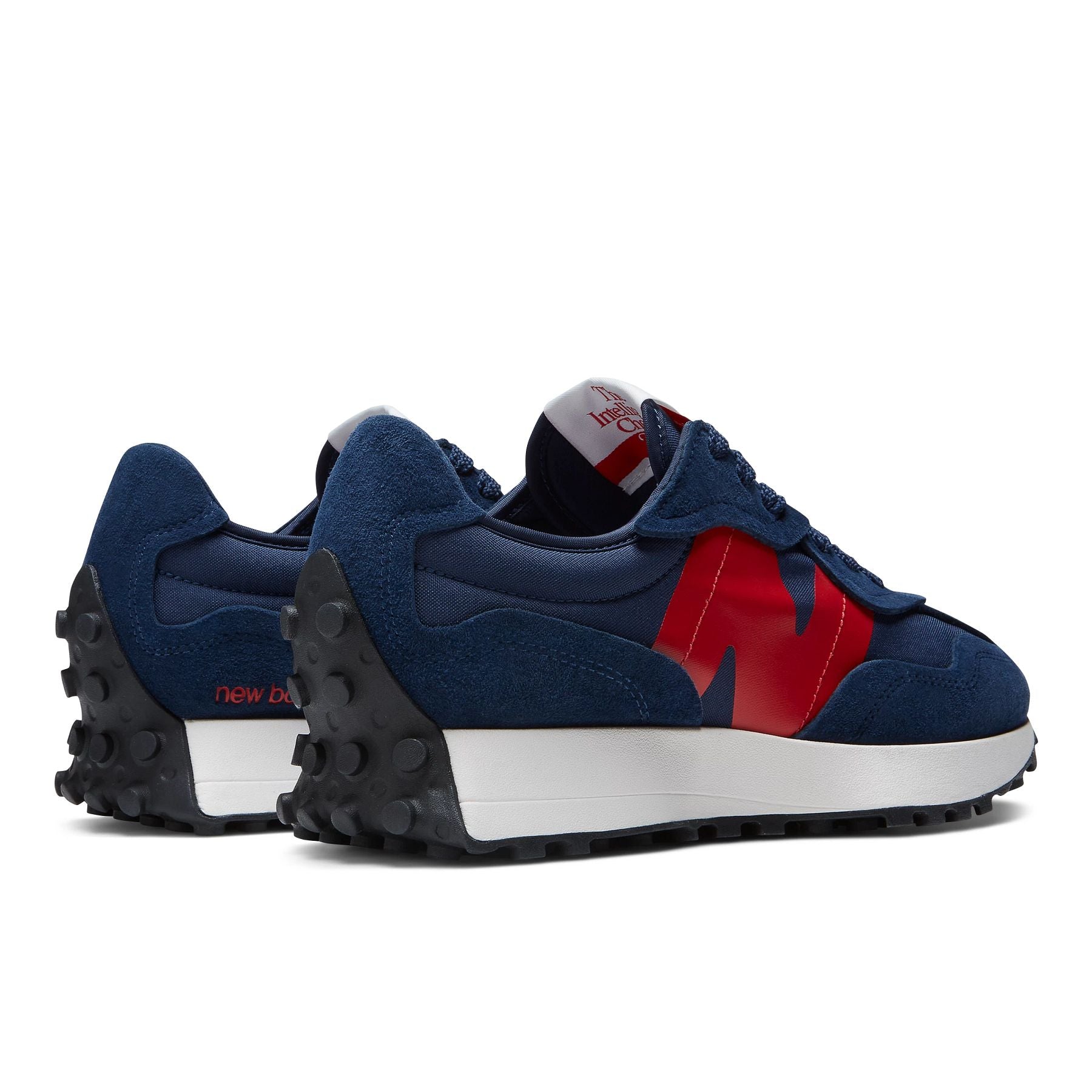 Back angle view of the Men's New Balance lifestyle 327 shoe in the color NB Navy