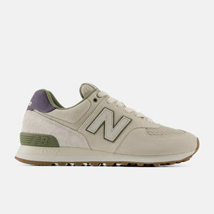 Beige sneaker with New Balance logo on a white background