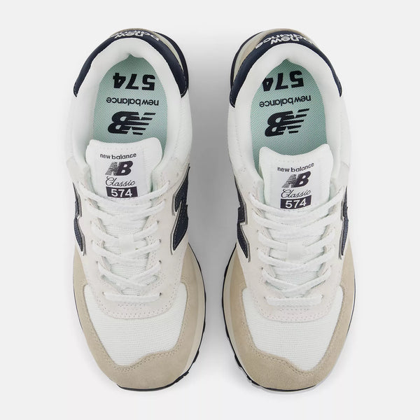 Beige and navy New Balance sneaker on a white background