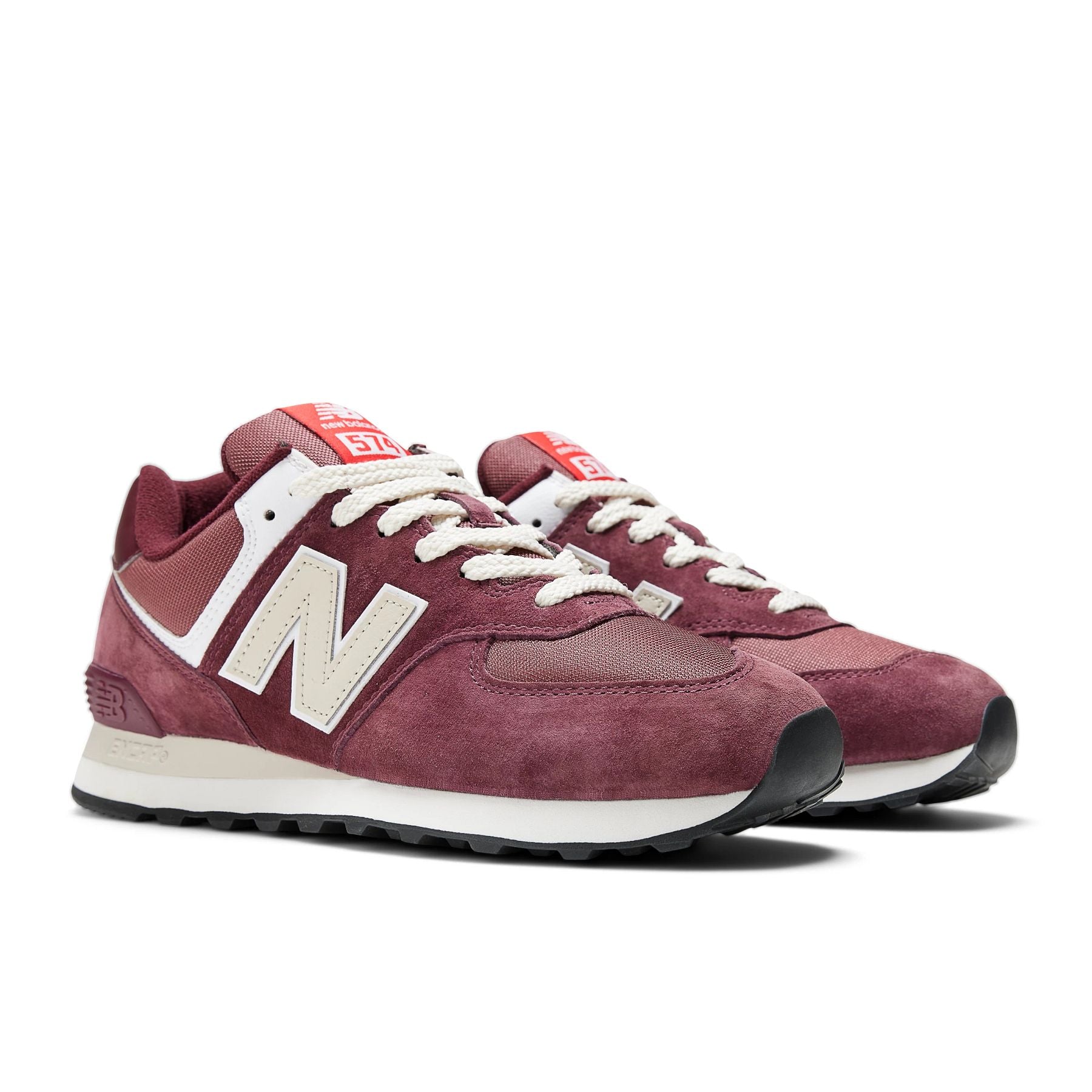 Front angle view of the Men's 574 in Maroon/Grey