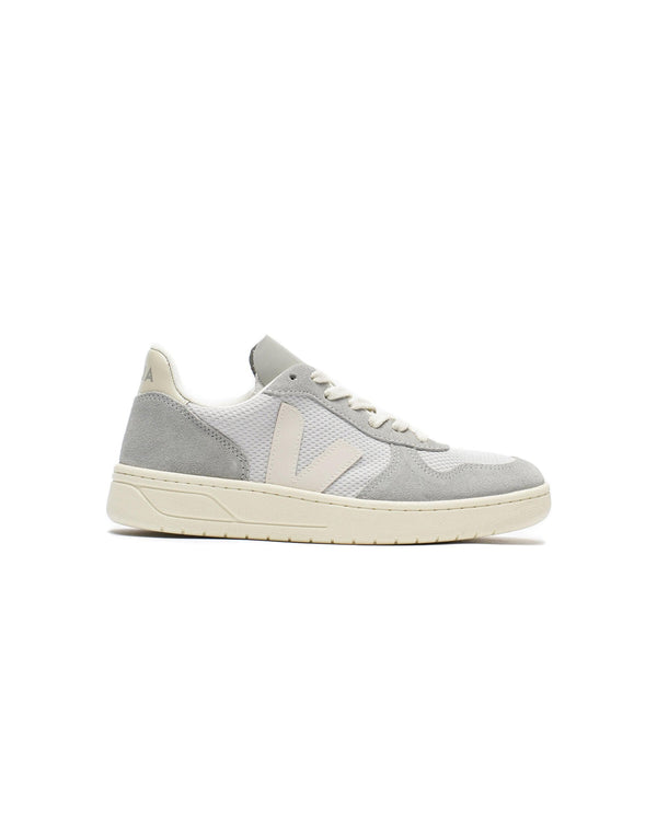 Gray and white sneaker on a white background.
