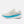 White running shoe with blue sole on a white background