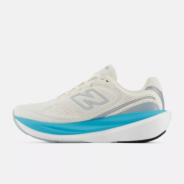 White running shoe with blue sole on a white background