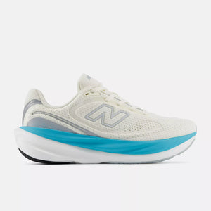White running shoe with blue sole on a white background