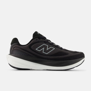 Black running shoe with white sole on a light gray background