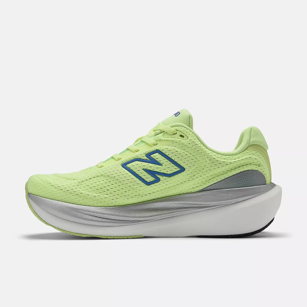 Light green running shoe with blue logo on a white background