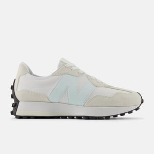 Beige sneaker with a light blue accent on a white background