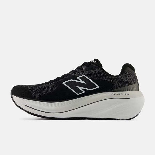 Black running shoe with white sole on a white background