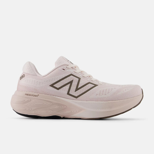White running shoe with black logo on a white background