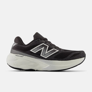 Black running shoe with white sole on a light gray background