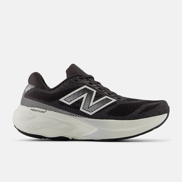 Black running shoe with white sole on a light gray background