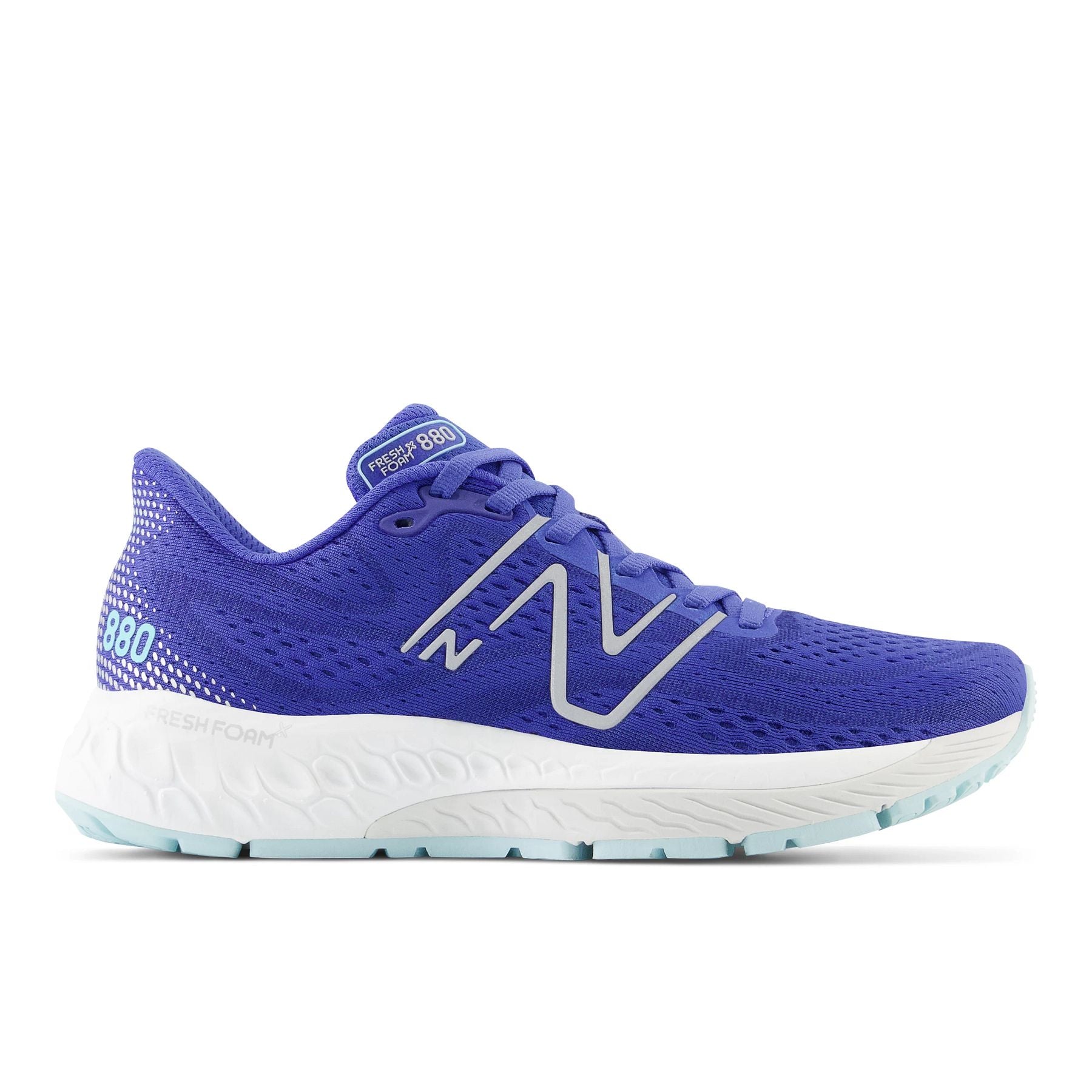Lateral view of the Women's 880 V13 by New Balance in the color Marine Blue/Bright Cyan