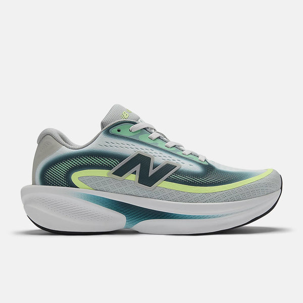 Gray and green running shoe with New Balance logo on a white background