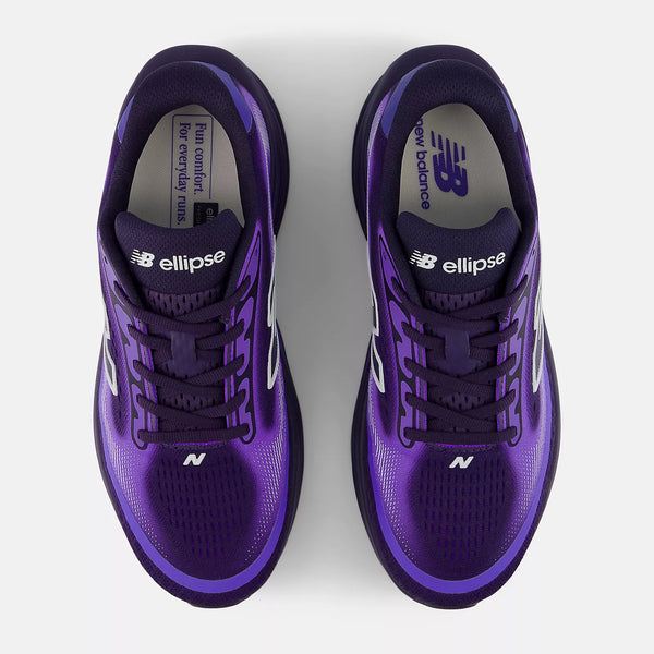 Purple running shoes with 'ellipse' branding on a white background
