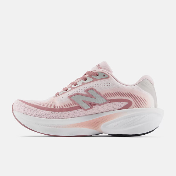 Pink running shoe with white sole on a light gray background