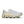 White and grey running shoe with yellow accents on a white background