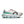 A white running shoe with a chunky translucent white and light blue sole, a teal midsole stripe with 'ON RUNNING' text, and a black logo on the side, shown against a plain white background.