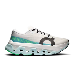 A white running shoe with a chunky translucent white and light blue sole, a teal midsole stripe with 'ON RUNNING' text, and a black logo on the side, shown against a plain white background.