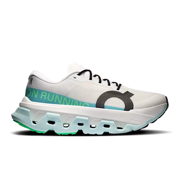 A white running shoe with a chunky translucent white and light blue sole, a teal midsole stripe with 'ON RUNNING' text, and a black logo on the side, shown against a plain white background.