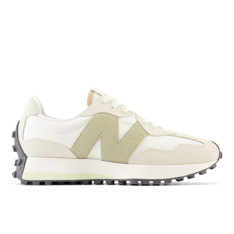 The lateral side of the NB 327 has a large NB logo in the same tan color as part of the tongue