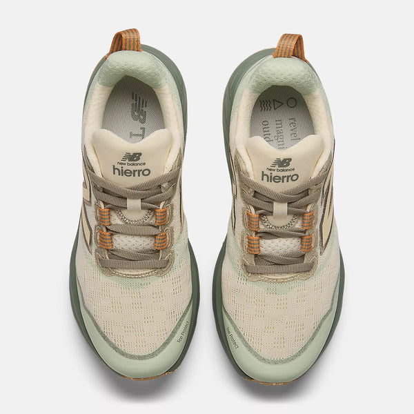 A pair of New Balance shoes with teh wording heirro across the top of the tongue.