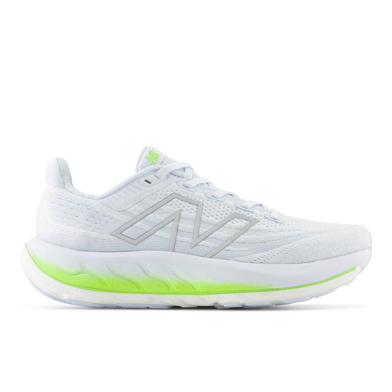 This women's Vongo V6 has a mostly all white and grey upper with a few hits of neon green