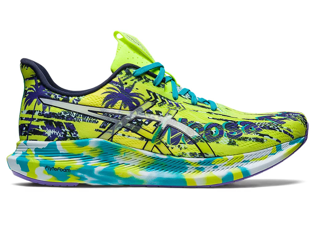 Lateral view of the Men's Noosa Tri 14 by ASIC in the color Lime Zest/Sky