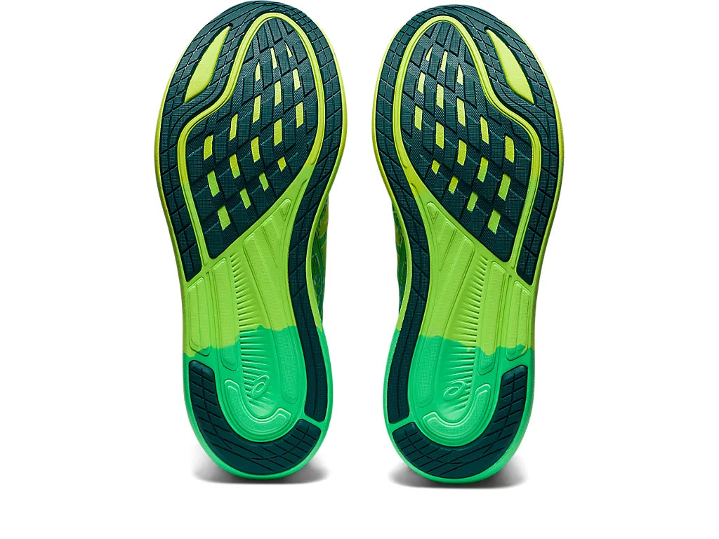 Bottom view of the Men's Noosa Tri 14 by ASIC in the color Safety Yellow/White
