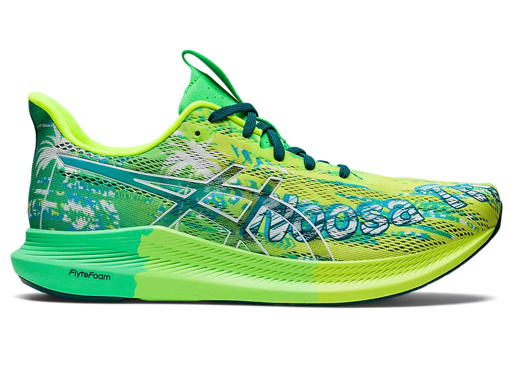 Lateral view of the Men's Noosa Tri 14 by ASIC in the color Safety Yellow/White