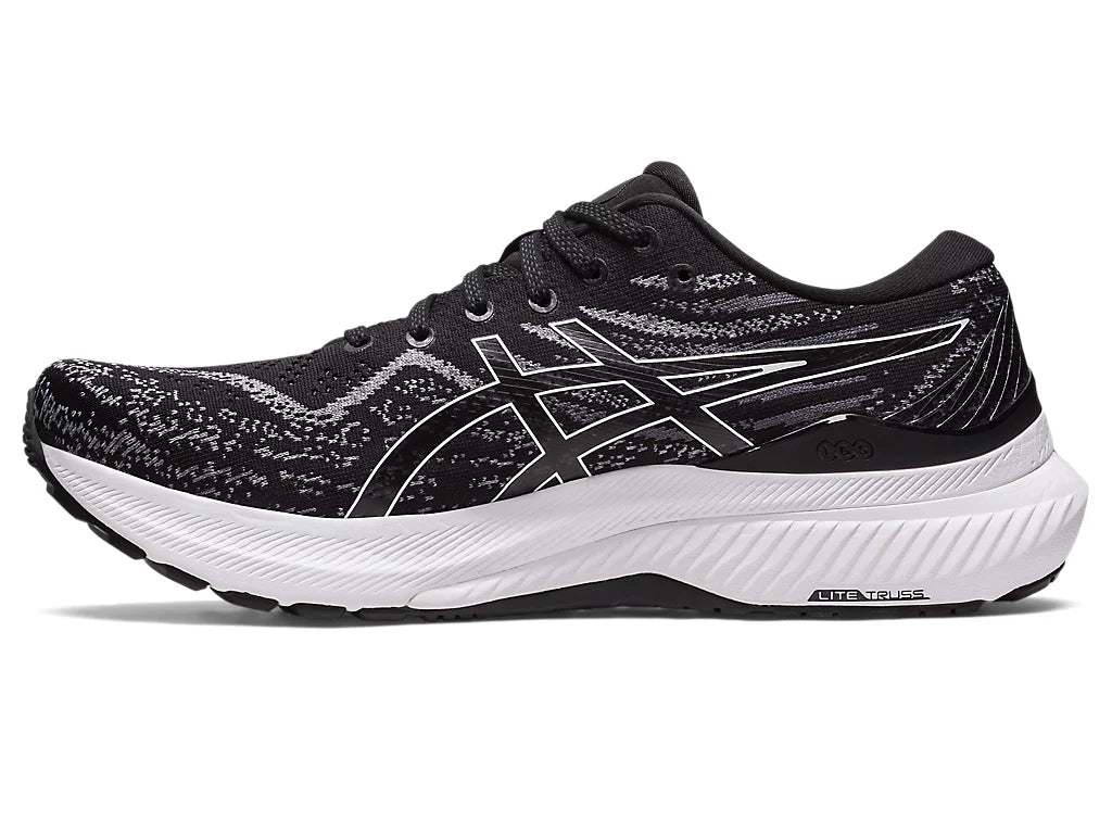 Medial view of the Women's Gel Kayano 29 in the wide "D" width in the color Black/White