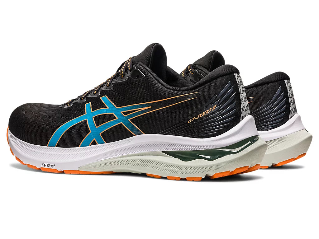 Back angled view of the Men's ASICS GT 2000 version 11 in the wide 2E width - color Black/Sun Peach