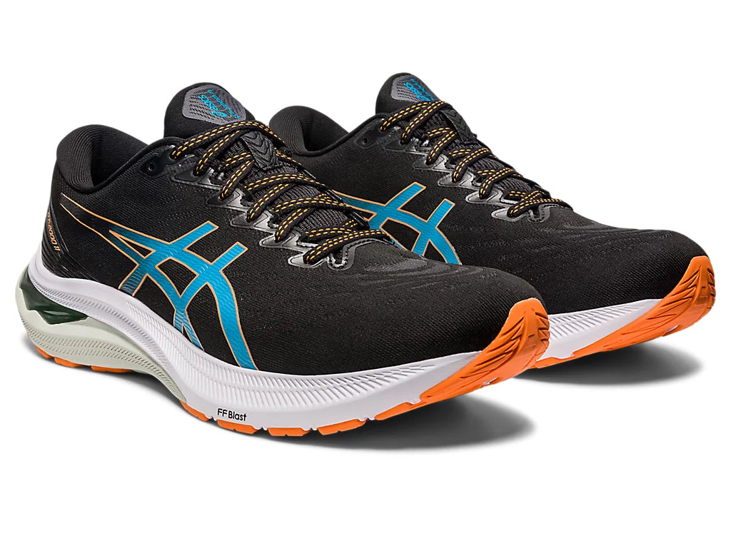 Front angled view of the Men's ASICS GT 2000 version 11 in the wide 2E width - color Black/Sun Peach