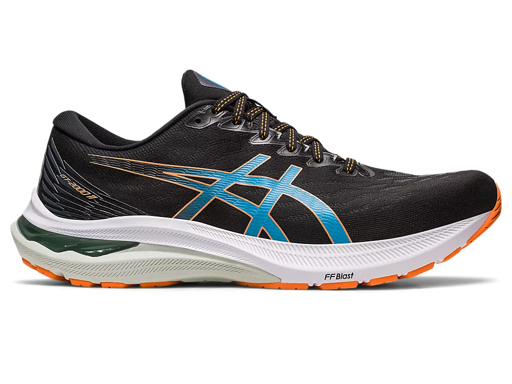 Lateral view of the Men's ASICS GT 2000 version 11 in the wide 2E width - color Black/Sun Peach