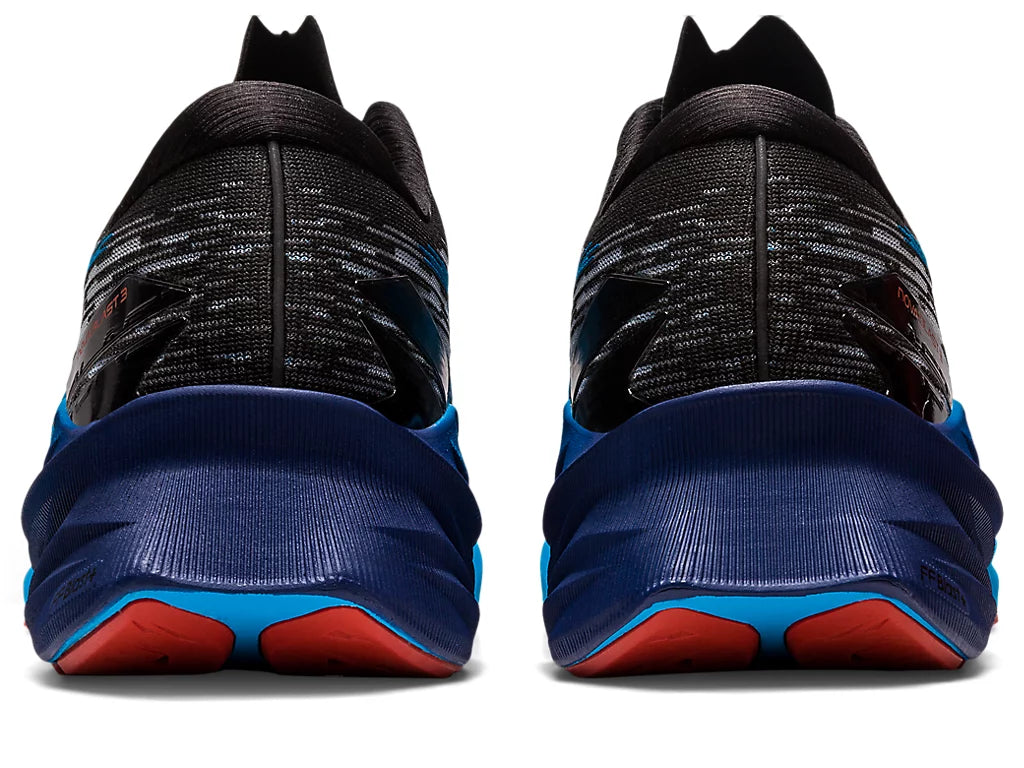 Back view of the Men's Nova Blast 3 by ASIC in the color Black/Island Blue