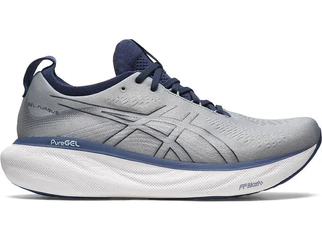 Lateral view of the Men's Nimbus 25 by ASIC in the color Sheet Rock/Indigo Blue