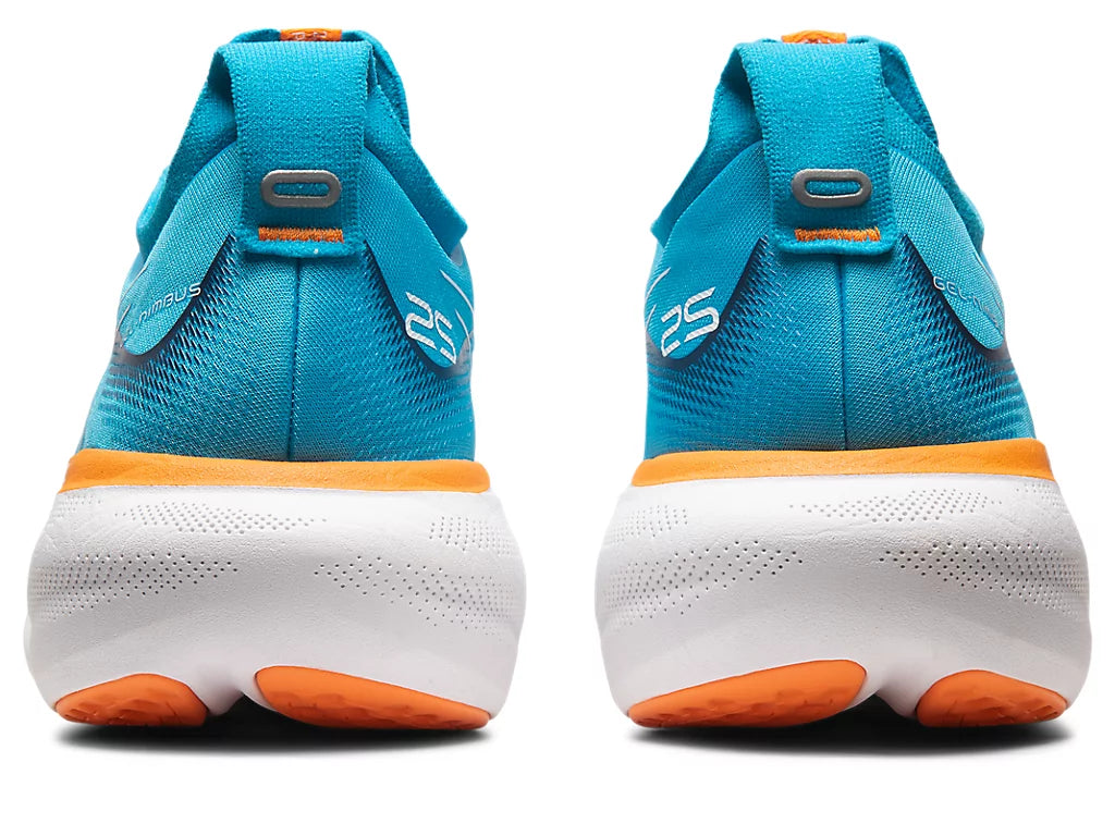 Back view of the Men's ASICS Nimbus 25 in the wide width 2E -color Island Blue/Sun Peach