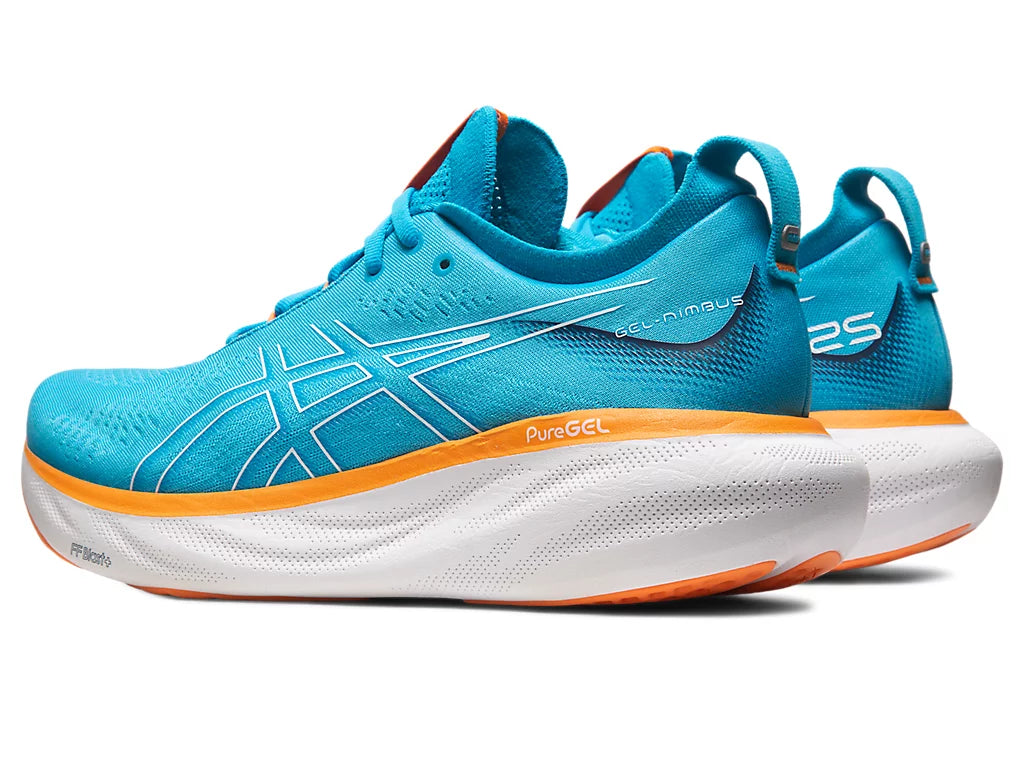Back angled view of the Men's ASICS Nimbus 25 in the color Island Blue/Sun Peach