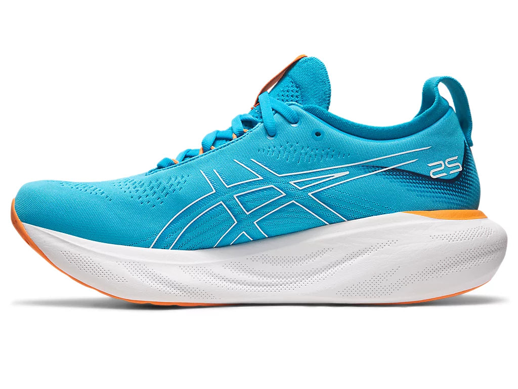 Medial view of the Men's ASICS Nimbus 25 in the wide width 2E -color Island Blue/Sun Peach