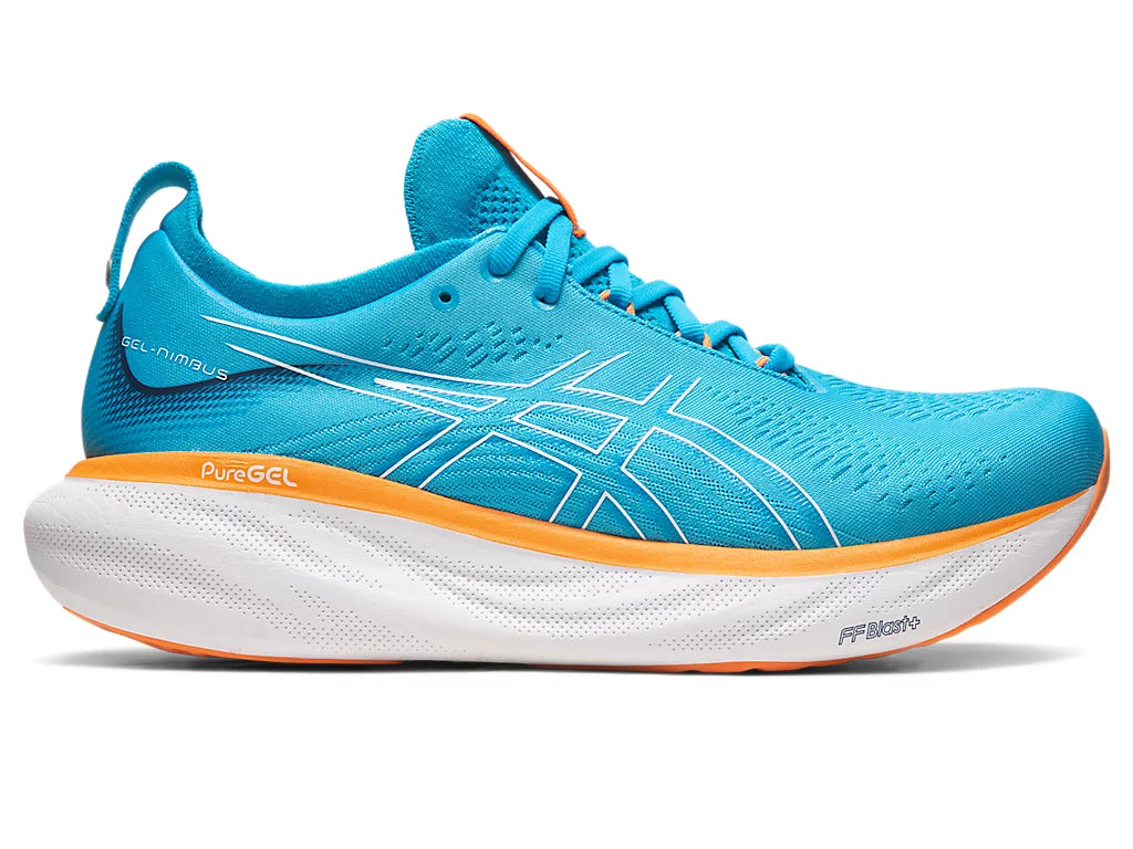 Lateral view of the Men's ASICS Nimbus 25 in the color Island Blue/Sun Peach
