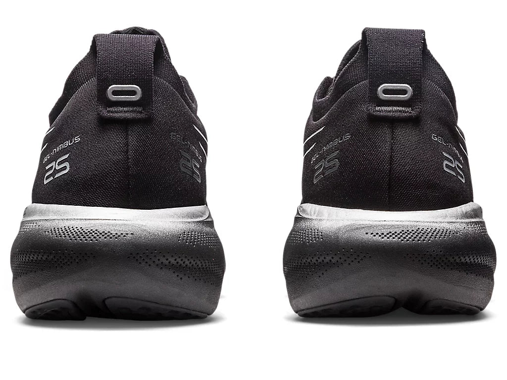 Back view of the Men's ASICS Nimbus 25 Platinum in the color Black/Pure Silver