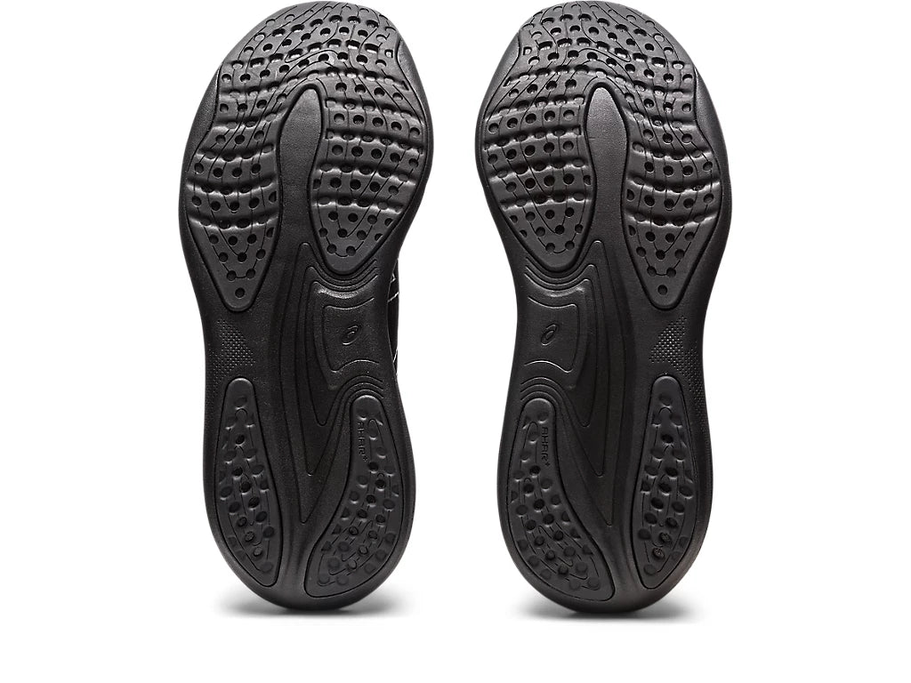 Bottom (outer sole) view of the Men's ASICS Nimbus 25 Platinum in the color Black/Pure Silver