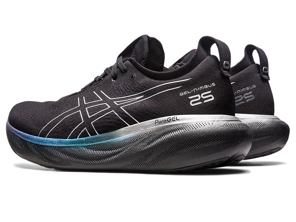 Back angled view of the Men's ASICS Nimbus 25 Platinum in the color Black/Pure Silver
