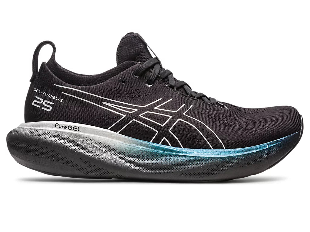 Lateral view of the Men's ASICS Nimbus 25 Platinum in the color Black/Pure Silver