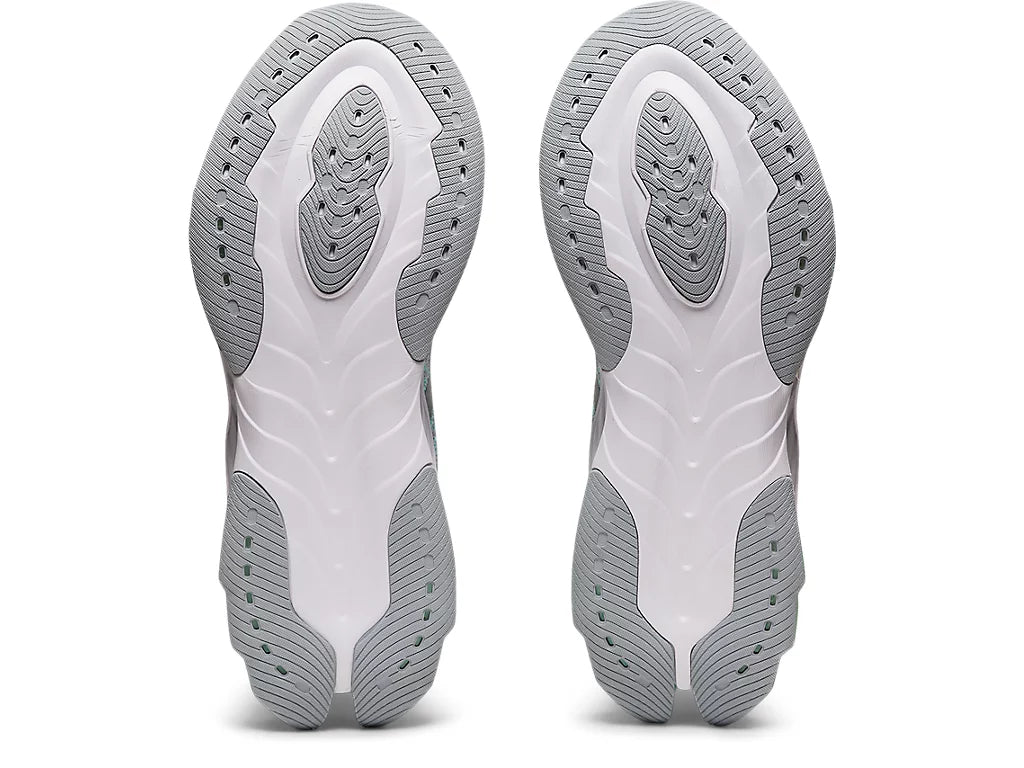Bottom (outer sole) view of the Women's ASIC Kinsei Blast in the color Glacier Grey/Piedmont Grey