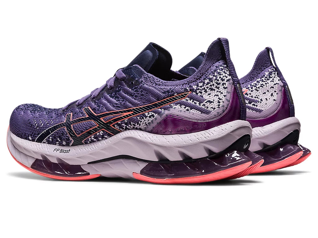 Back angled view of the Women's Kinsei Blast by ASIC in the color Dusty Purple/Papaya