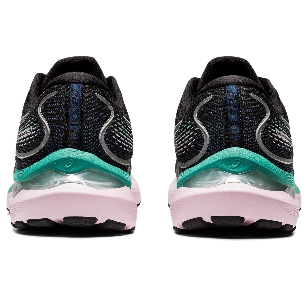 Back view of the Women's Gel Cumulus 24 by ASIC in the color Black/Sage