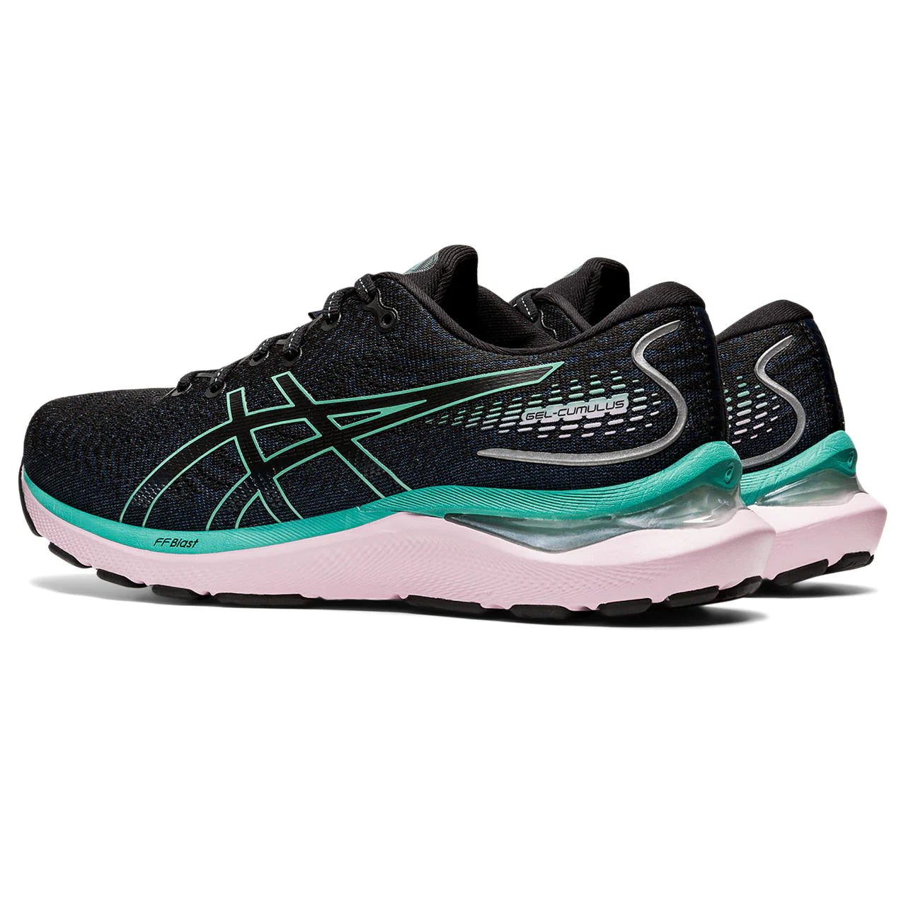 Back angled view of the Women's Gel Cumulus 24 by ASIC in the color Black/Sage